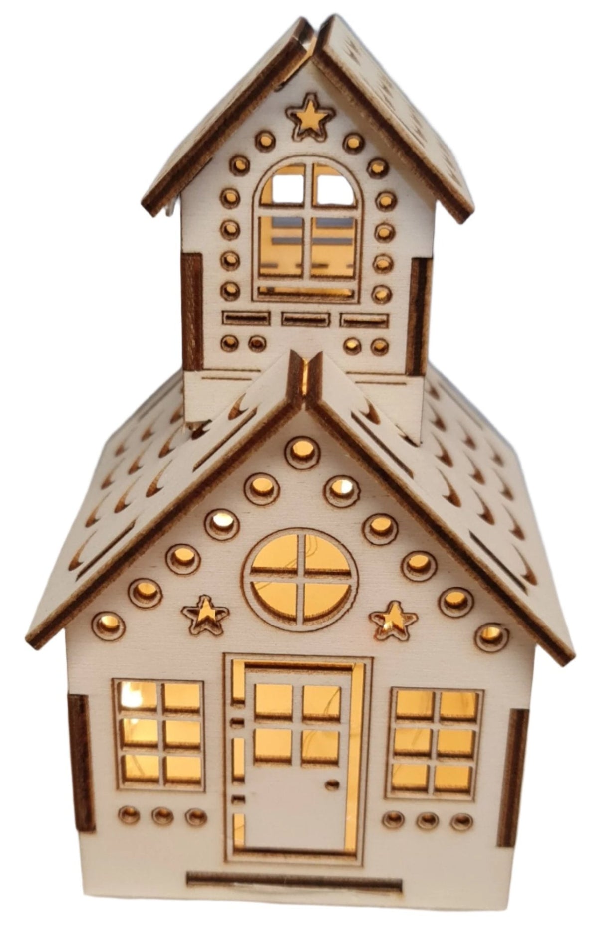 A Christmas wooden house illuminated by lights on the roof, creating a warm and inviting atmosphere during the evening